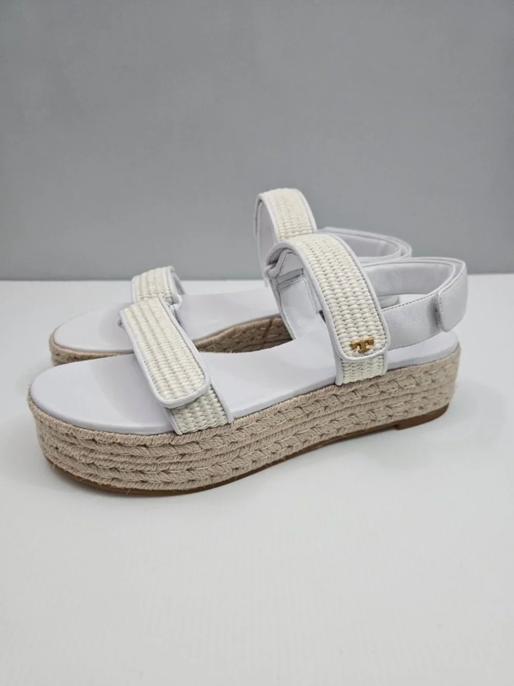 Tory Burch Diego Raffia Sport Espadrille Sandal Womens 11 White Leather Platform